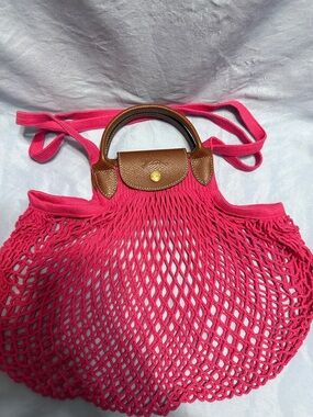 Longchamp Hot Pink Mesh Tote with Brown Leather Trim